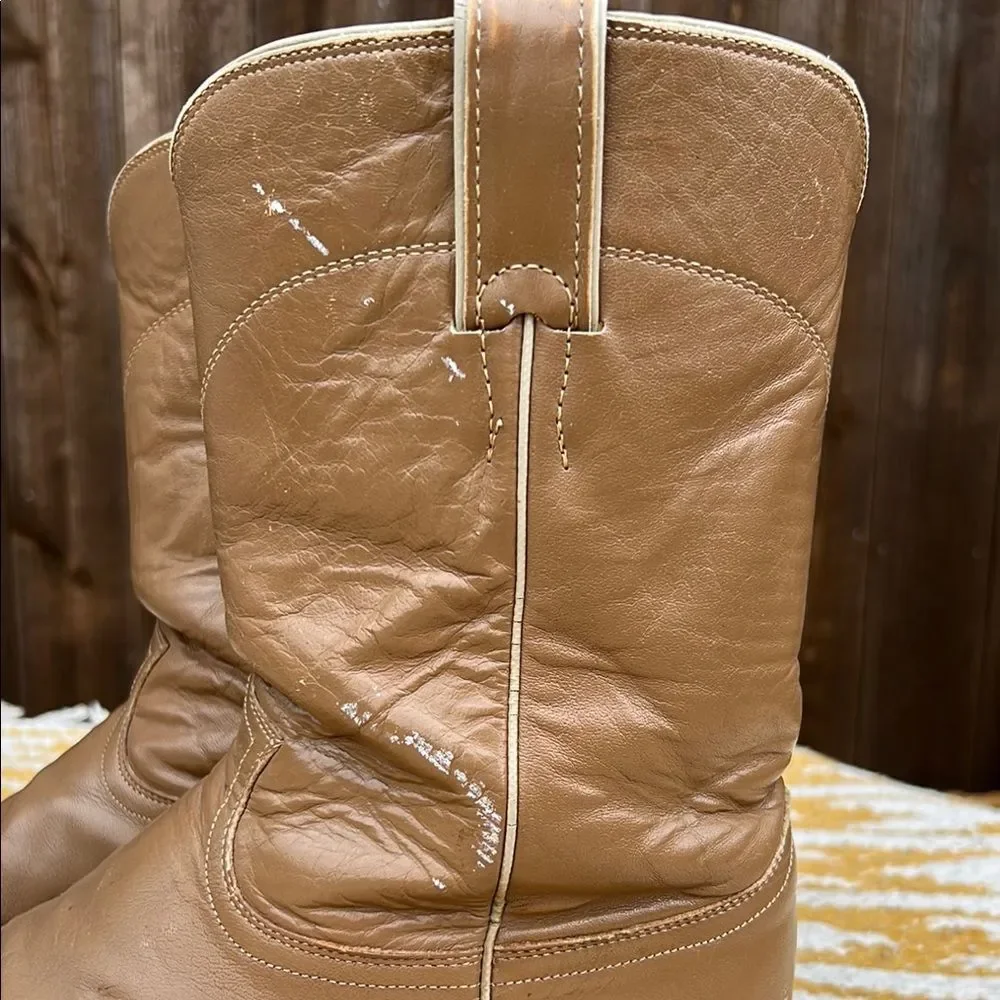Justin Ropers Classic Tan Leather Cowboy Boots Goodyear Oil Resistant Sole Work - Picture 6 of 16